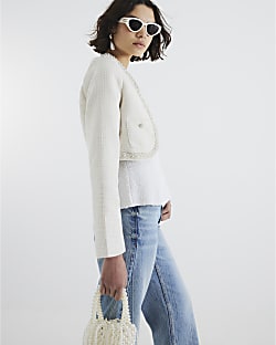 White Boucle Pearl Trim Cropped Jacket