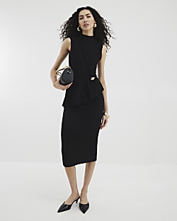 Black Asymmetric Ribbed Midi Dress