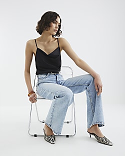 Black Sleeveless Satin Cowl Neck Cami Top