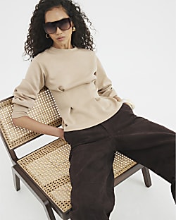 Beige Long Sleeve Seamed Peplum Top