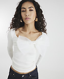 White Long Sleeve Organza Bow Top