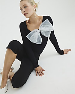 Black Long Sleeve Organza Bow Top
