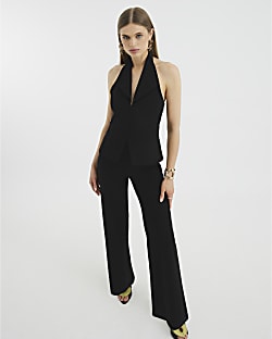 Black Halter Neck Button Up Jumpsuit