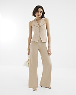Beige Halter Neck Button Up Jumpsuit