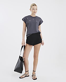 Grey Eyelet Detail T-Shirt