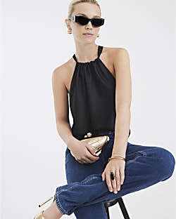 Black Satin Halter Neck Top