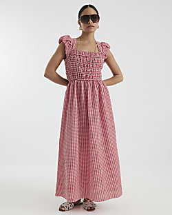 Petite Red Gingham Shirred Midi Dress