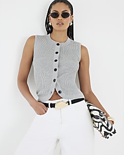 Grey Knitted Curved Hem Ribbed Top