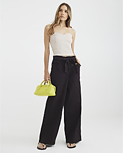 Brown Paperbag Belted Wide Leg Jeans