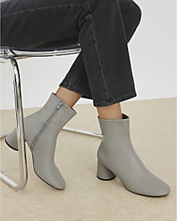 Grey Block Heel Ankle Boots
