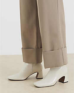 Cream Block Heel Ankle Boots