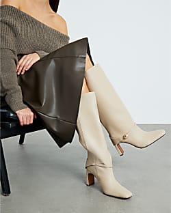 Beige High Leg Gold Hardware Boots
