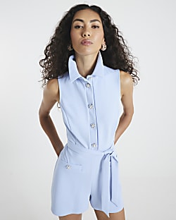 Blue Sleeveless Collared Button Playsuit