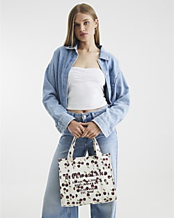 Cream Cherry Embossed Tote Bag