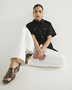 Petite Black Short Sleeve Utility Shirt