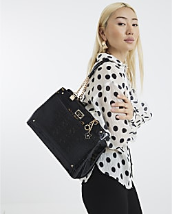 Black Chain Handle Embossed Tote Bag