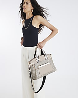 Beige Panelled Webbing Handle Tote Bag