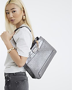 Grey Chain Handle Embossed Tote Bag