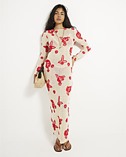 Red Embroidered Crochet Midi Beach Dress