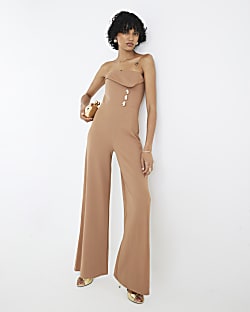 Beige Sleeveless Bandeau Gold Detail Jumpsuit