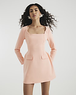 Pink Long Sleeve Square Neck Mini Dress