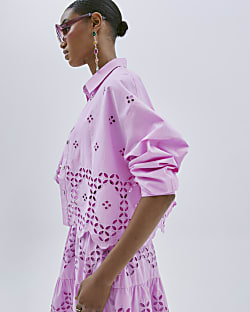 Pink Long Sleeve Cropped Broderie Shirt