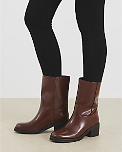 Brown Block Heel Calf Length Boots