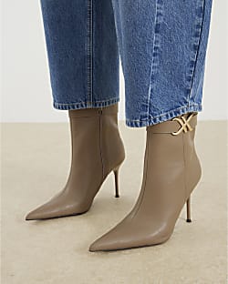 Beige Metal Hardware Heeled Ankle Boots