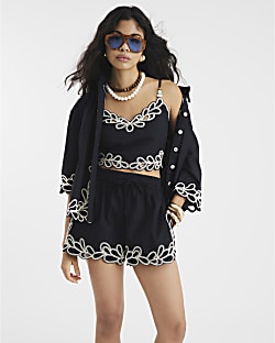 Black Embroidered Trim Shorts