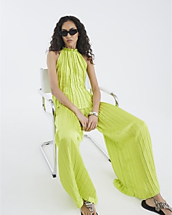 Lime Satin Pleated Wide Leg Trousers