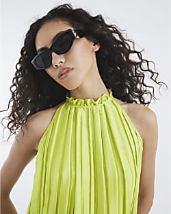Green Pleated Halter Neck Top