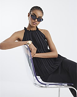 Black Pleated Halter Neck Top