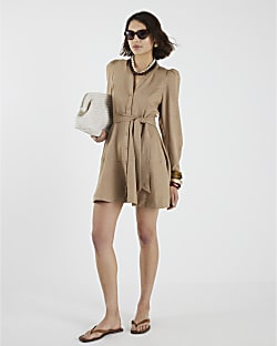 Beige Tie Front Mini Shirt Dress