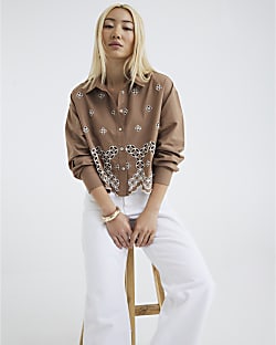 Brown Long Sleeve Cropped Broderie Shirt