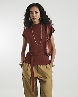 Brown Sleeveless Slinky Ruched Belted Top