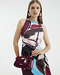 Red Faux Suede Front Lock Tote Bag