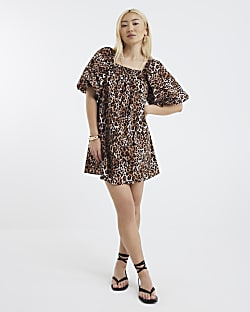 Brown Leopard Print Puff Sleeve Mini Dress