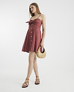 Red Bow Detail Button Up Mini Dress