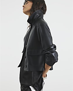 Black Faux Leather Button Through Jacket