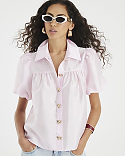 Pink Button Detail Short Puff Sleeve Shirt