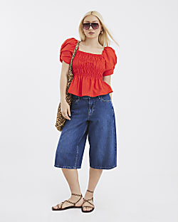 Red Short Puff Sleeve Shirred Top