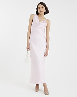 Pink Satin Cowl Neck Maxi Slip Dress