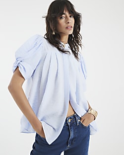 Blue Puff Sleeve Blouse