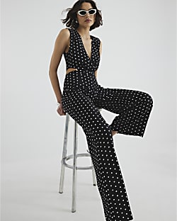 Black Polka Dot Plunge Jumpsuit