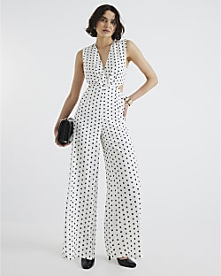 White Polka Dot Plunge Jumpsuit