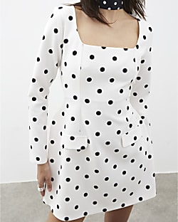 Cream Polka Dot Long Sleeve Mini Dress