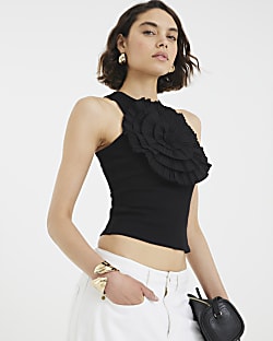 Black Sleeveless Ruffle 3D Floral Tank Top
