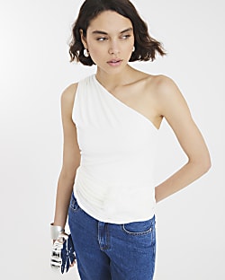 White Sleeveless Corsage Drape Tank Top