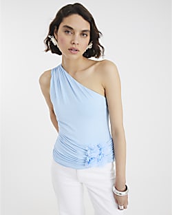 Blue Sleeveless Corsage Drape Tank Top