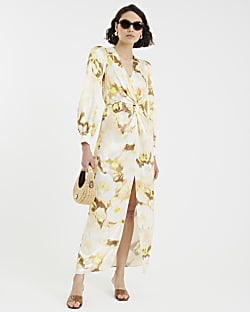 Cream Satin Floral Twist Front Maxi Dress